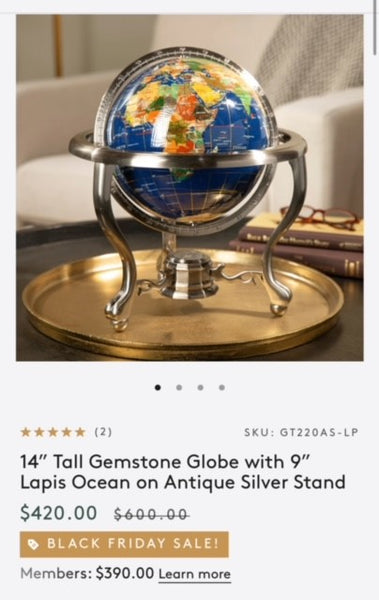 14" Tall Gemstone Globe with 9” Lapis Ocean on satin Stand