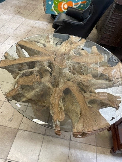 5 Foot wide Tree root table natural wood with thick glass top ...