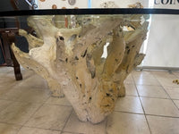 6 Foot wide Tree root table white washed with thick glass top